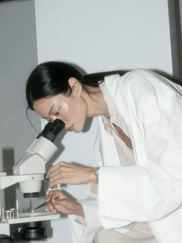 Cientista observando amostra ao microscópio em laboratório de luz natural.