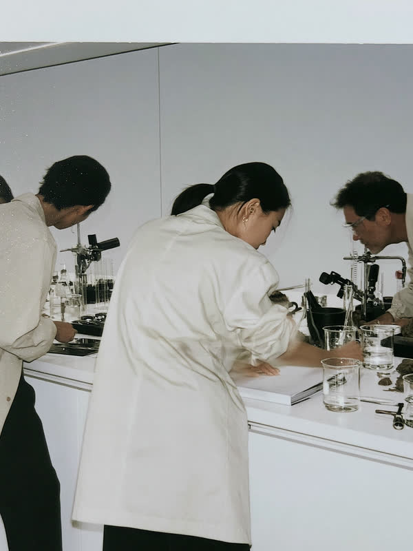 Mãos de cientista preparando amostras entre béqueres de vidro.